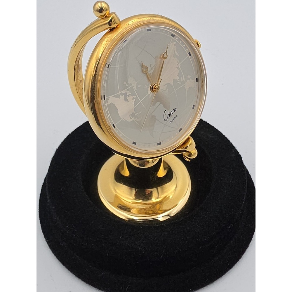 Chass Small Solid Brass Desk Clock Japan Movement Globe Style 3" Tall Stand